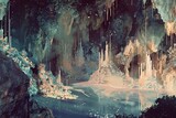 : A soothing, abstract garden of shimmering, crystalline stalactites and stalagmites, residing within a majestic, subterranean cavern.