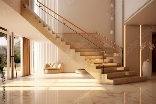 Luxury living room with marble floor and cantilever with stair case. Modern minilamist design © akualip