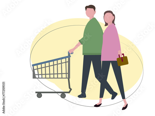 ショッピングカートを押して買い物をする家族。ショッピングを楽しむ夫婦。ベクターイラスト	
