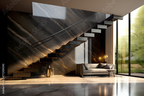 Luxury living room with marble floor and cantilever with stair case. Modern minilamist design photo
