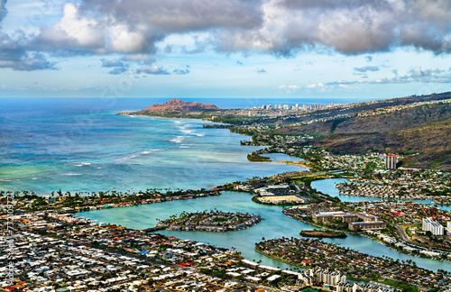 View of Maunalua Bay from the summit of Koko Head Stairs trail. Oahu island in Hawaii, United States photo