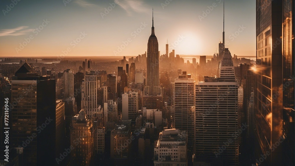Generative AI. skyscrapers illuminated at dusk, New York skyline. IT building, IT hub, Business hub, media city, metropolitan town.   - obrazy, fototapety, plakaty 