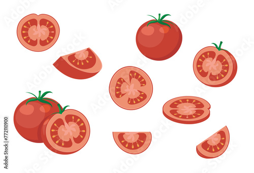 Vector illustrtion of tomato.  Vector illustration of a red tomato in section.Vegetable on white background. Set of tomato and tomato slices.