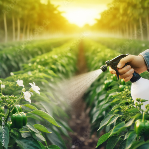 Man's hand holds a spray gun, spraying pesticides on pepper bushes. The concept of combating agricultural pests and diseases