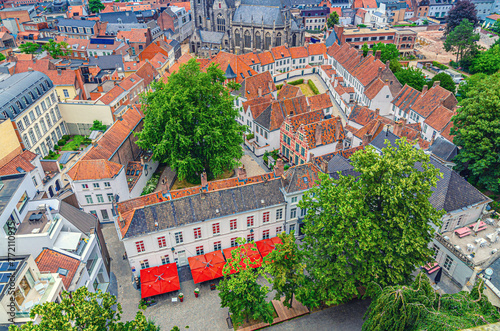 Aerial top view of Kortrijk historical city centre with Beguinage Courtrai of Saint-Elisabeth, Begijnhof van Kortrijk buildings in Kortrijk old town, West Flanders province, Flemish Region, Belgium