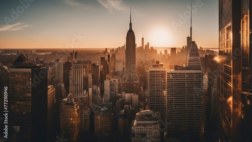 Generative AI. skyscrapers illuminated at dusk, New York skyline. IT building, IT hub, Business hub, media city, metropolitan town.   © Maahir