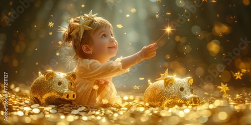 Adorable 3D render of a tiny, fairy godmother-like financial advisor waving a sparkly, star-tipped wand to magically transform dull, gray piggy banks into dazzling, golden treasure chests overflowing 