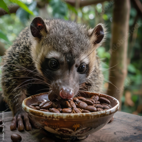 An Asian palm civet, also known as a luwak, eating coffee beans from a bowl photo