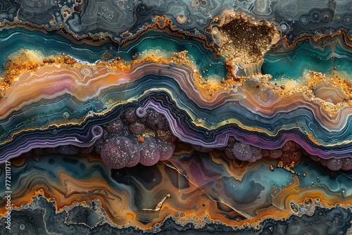 slab, picture jasper design, close-up. multi color, a little blue, a little purple, a little gold, some glow, some dark , webs of cells, some translucence, vary colors photo