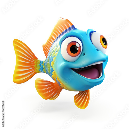 A cartoon fish with orange and blue colors is smiling and has big eyes. The fish is happy and cheerful