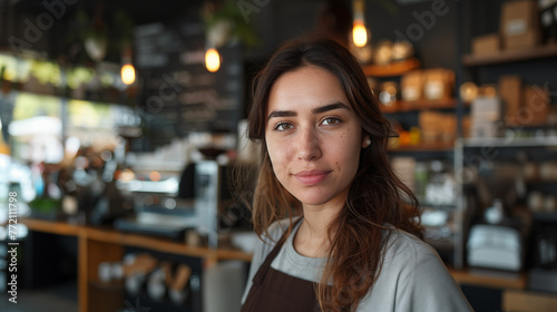 Beautiful young working woman employee looking at the camera in a coffee shop