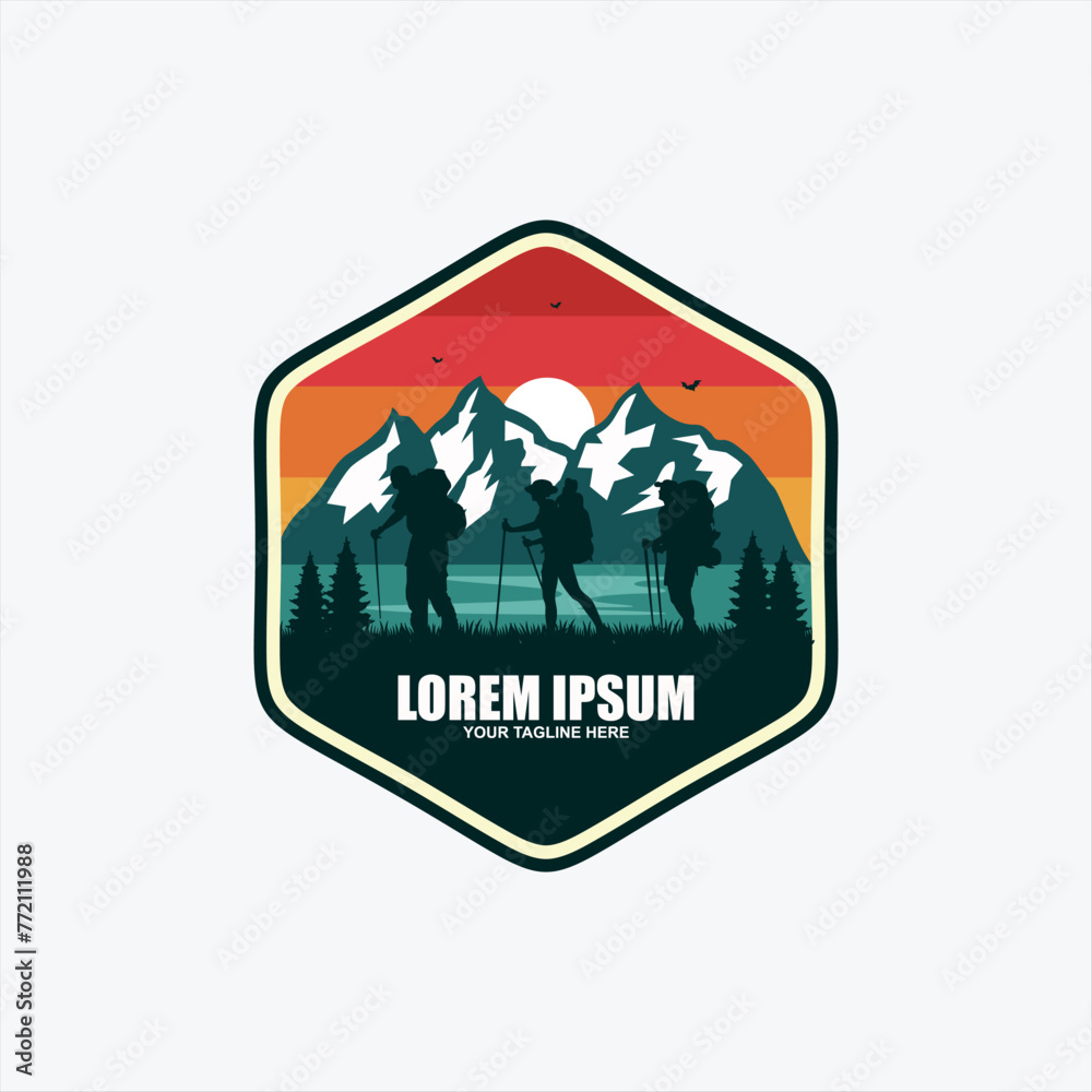 tourist climbs the mountain symbol, travel and expedition logo template tourist climbs the mountain symbol, travel and expedition logo template