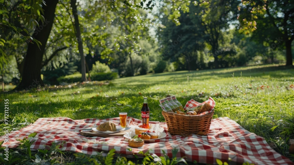 Sunny day picnic in park with a checkered blanket, wicker basket, bread, drinks, and snacks surrounded by green grass. Sunny day picnic in park with a checkered blanket, wicker basket, bread, drinks, and snacks surrounded by green grass.