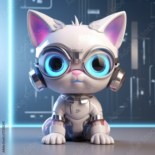 A white robot cat with blue eyes and glasses. The cat is wearing a pair of headphones and a mask