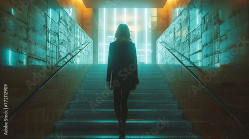 Businesswoman walking on stairs towards bright opening in dark wall. Success  exit  solution and way out in back view.