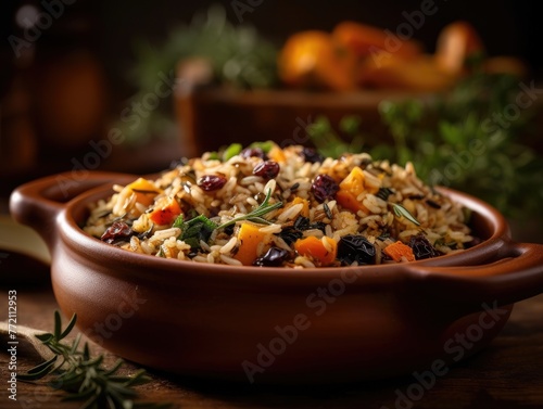 Close-up of bowl of delicious, healthy wild rice pilaf with dried cranberries, carrots, celery, onions, herbs.