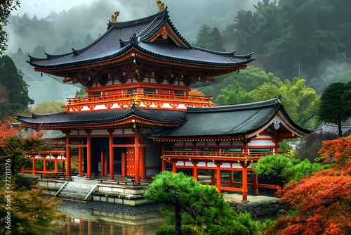 : A traditional Japanese temple with a serene atmosphere and a beautiful architecture