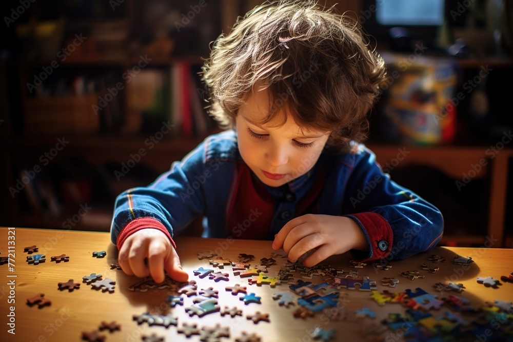 The boy thought about it, collecting puzzles. A little boy is sitting at a table and putting together a large mosaic. The kid is playing board games. The boy thought about it, collecting puzzles. A little boy is sitting at a table and putting together a large mosaic. The kid is playing board games.
