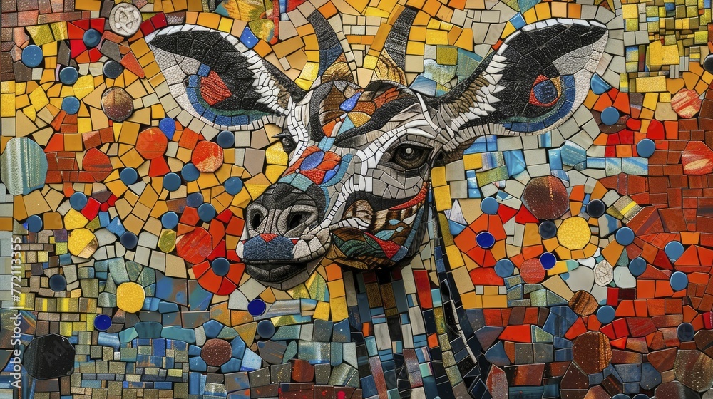 A mosaic of an okapi created from a kaleidoscope of cultural symbols, showcasing the richness of diversity and unique identity in multicultural events.