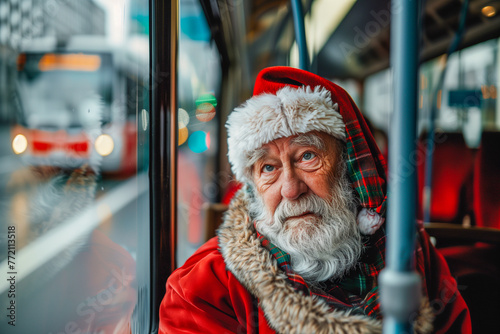 Close-up of a Santa Claus waiting for the bus