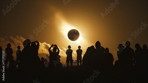 Black silhouettes of people looking through telescope on sun eclipse with cloudy sky on shore photo