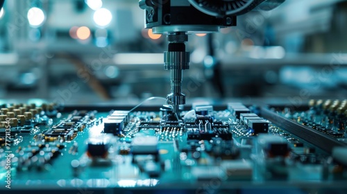 Automated machine assembling a printed circuit board in a high-tech manufacturing facility, showcasing precision technology and electronic production.