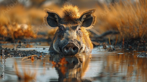 A warthog's gaze in the waterhole echoes self-awareness amidst the vast savannah, rooted in wellness and mindfulness.