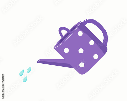 Watering can and drops of water isolated on white background. Watering plants. Colored flat vector illustration. Floristics and gardening, hobbies, outdoor activities. Gardening, agronomy