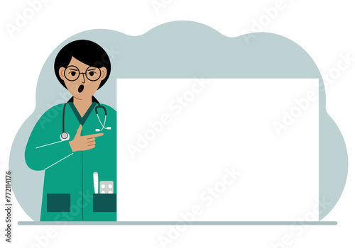 A female doctor in a lab coat is holding a large piece of paper. The doctor points to a blank sheet of paper to write your personal message or advice.