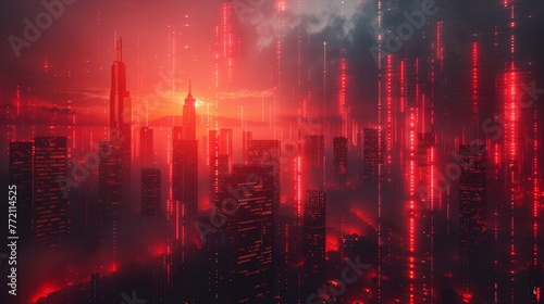 Concept of investing, trading, and real estate market crisis with digital red candlesticks on a modern skyscraper background, double exposure.