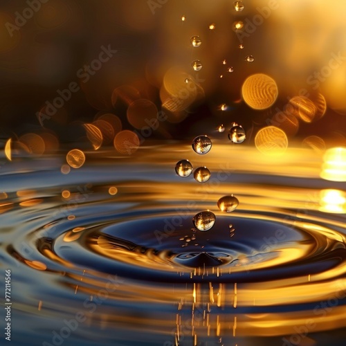 Water droplets in mid-air with circular ripples on a water surface, illuminated by warm, golden light with a blurred background.