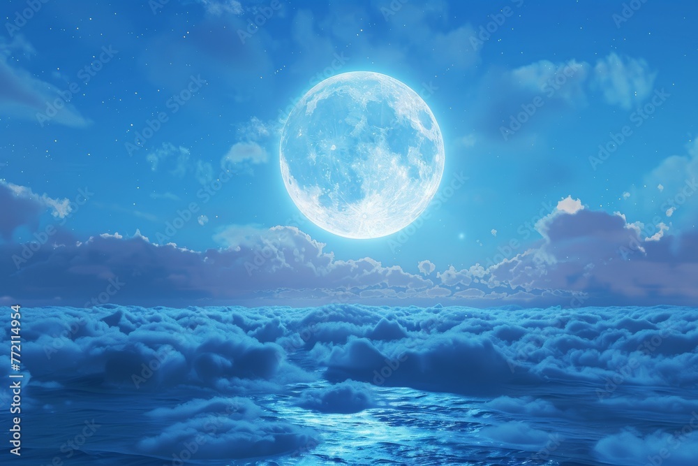 Full moon over peaceful sea. Blue moon in night sky above tranquil ocean among fluffy clouds