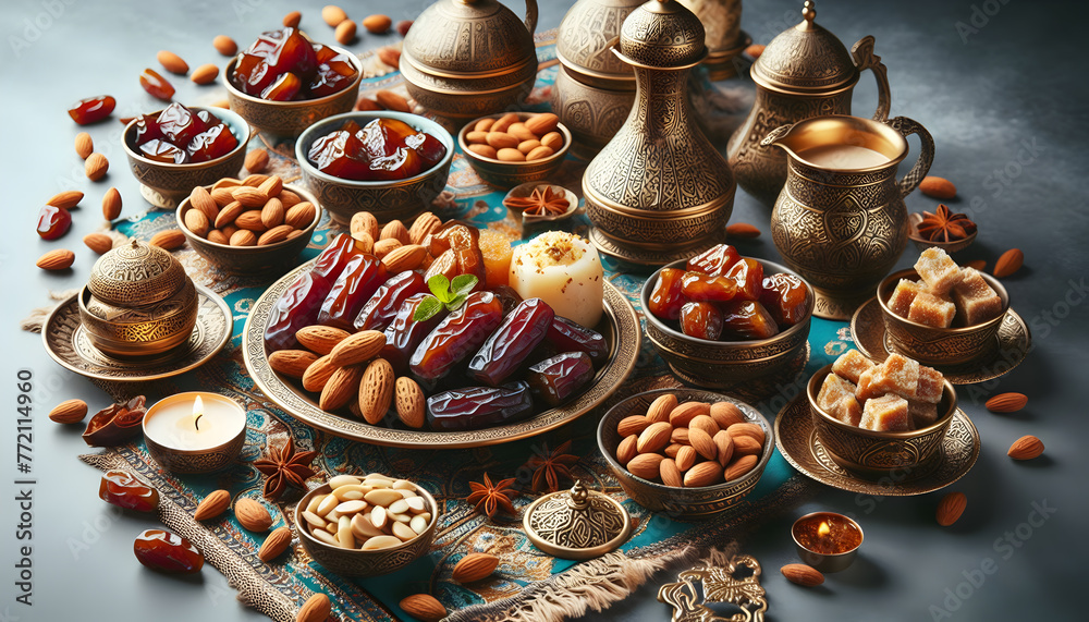 depicts a sumptuous spread of traditional Arabic food typically served during Ramadan. The scene features dates and almonds,