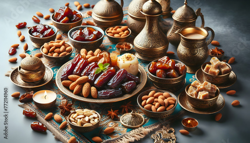 depicts a sumptuous spread of traditional Arabic food typically served during Ramadan. The scene features dates and almonds,