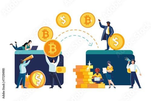 Vector illustrations. Financial transactions, penny transfers, banking transactions, great deals with coins, dollars and bitcoin. Business, ethnic people, African Americans, teamwork.Currency exchange