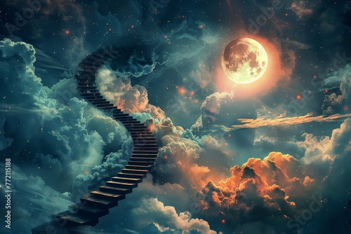 Stairway to heaven - astral travel in epic fantasy with majestic skyward staircase photo