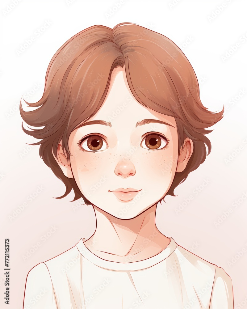 Close-up illustration of a young boy with freckles and brown hair, giving a soft and innocent gaze. Close-up illustration of a young boy with freckles and brown hair, giving a soft and innocent gaze.