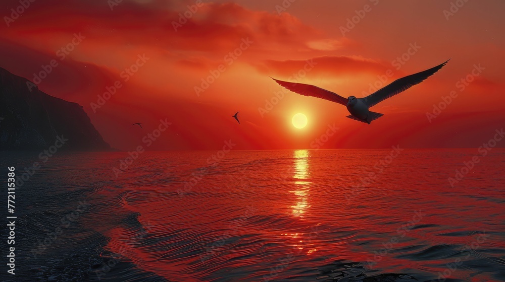Fototapeta premium Witness the albatross in the sunset, symbolizing resilience, ambition, and the journey towards distant achievements.