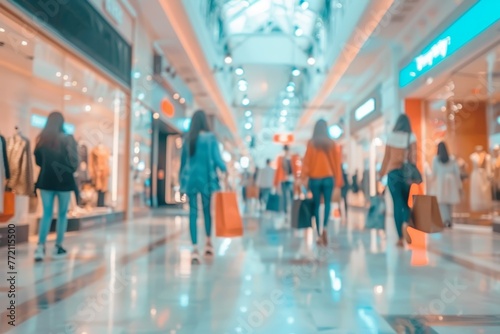 Blurred shopping mall shoppers walking motion blur abstract background with shopping bags