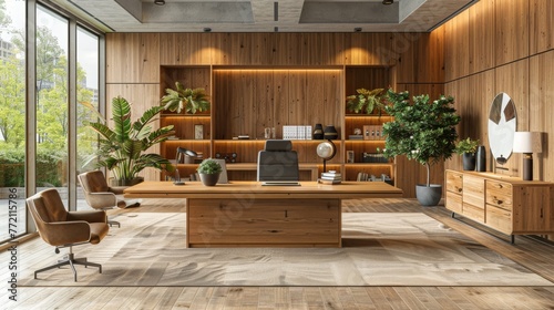 This is a 3D rendering of a modern coworking office with a wooden and concrete interior, a mock-up place on the wall, a window and the city view, furniture, and equipment.