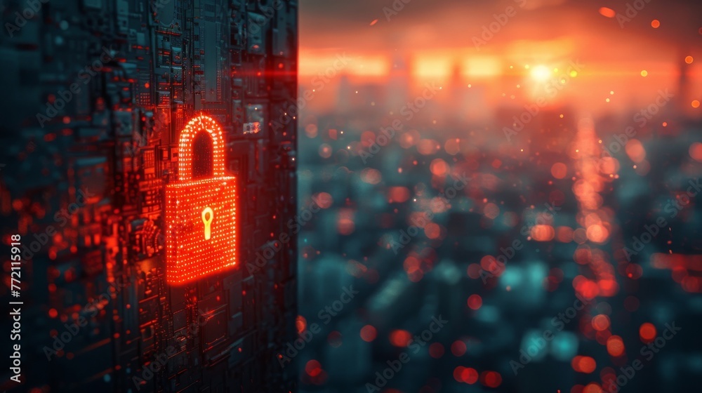 Creative glowing padlock hologram on blurry city background. Safety and security concept. Double exposure.