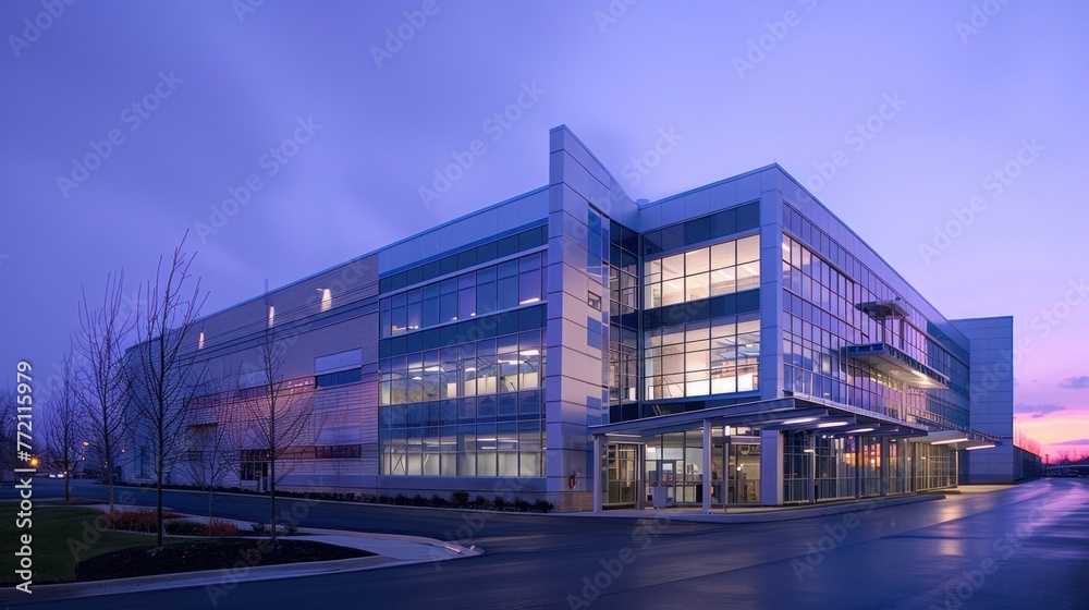 Modern office building exterior at twilight with illuminated windows, clear sky, and a calm street leading to the entrance.