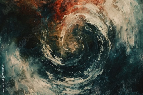 Abstract painting featuring dynamic red and white swirls with turbulent brushstrokes