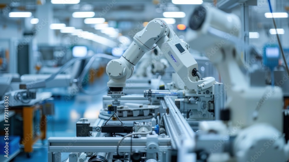 Industrial robots assembling products on a conveyor belt in a modern manufacturing plant. Automation technology in action. Industrial robots assembling products on a conveyor belt in a modern manufacturing plant. Automation technology in action.