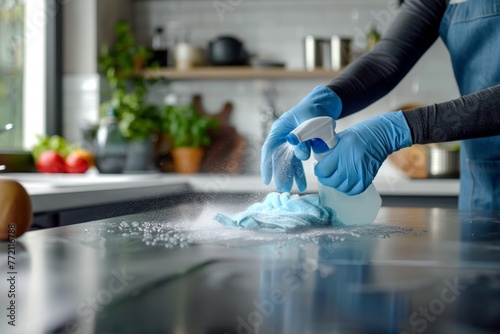 Sanitizing kitchen table surface with disinfectant spray and gloves for covid-19 prevention