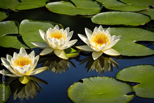 A water lily in full bloom  surrounded by green lily pads on a serene pond. The tranquil scene reflects the calm blue sky  peace and natural beauty. generative ai