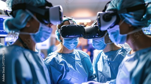 Medical team in scrubs using virtual reality headsets, potentially for training or planning complex procedures in a high-tech environment.