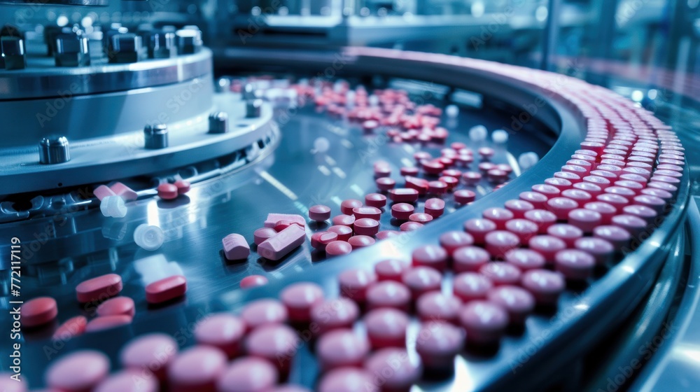 Pharmaceutical production line with red pills on a conveyor belt under blue light in a high-tech manufacturing facility. Pharmaceutical production line with red pills on a conveyor belt under blue light in a high-tech manufacturing facility.