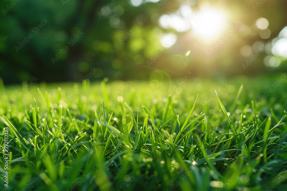 Grass. Fresh green spring grass in sunlight closeup. Soft Focus. Abstract Nature Background