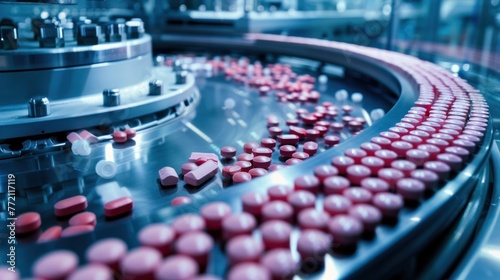 Pharmaceutical production line with red pills on a conveyor belt under blue light in a high-tech manufacturing facility.